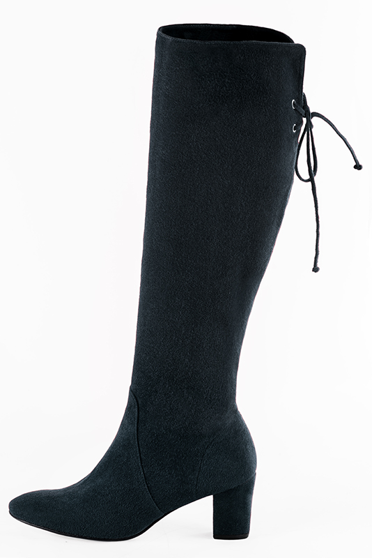 Navy blue women's knee-high boots, with laces at the back. Round toe. Medium block heels. Made to measure. Profile view - Florence KOOIJMAN